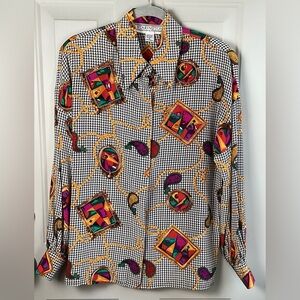 STARINGTON Silk Black White Print Beaded Stoned Vintage Holiday Women's Blouse 8